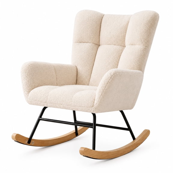 CONCETTA Rocking Teddy Fabric Glider Chair, High Back Armchair with Comfortable Side Pockets, Modern Rocker for Living Room, Nursery, Office - Beige