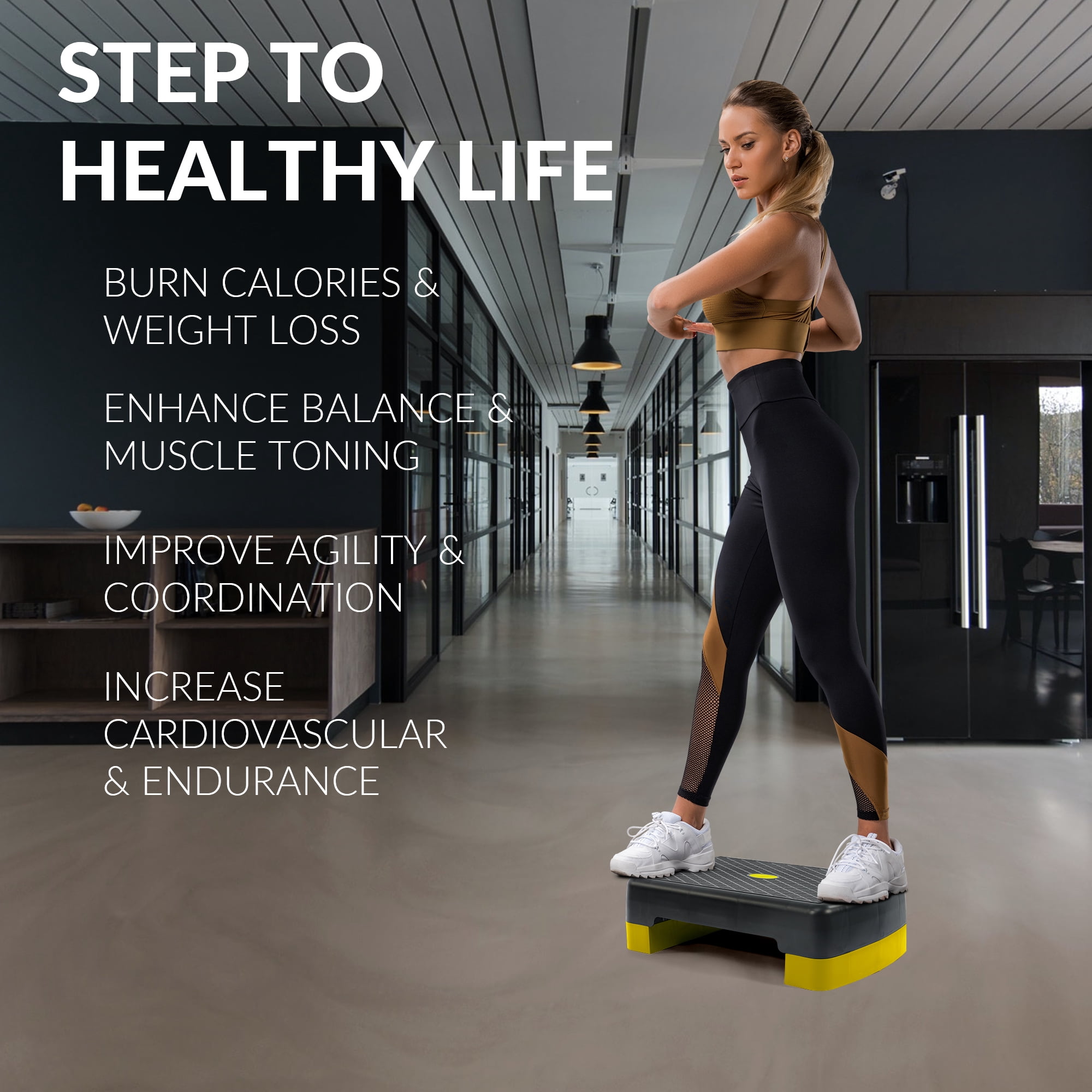 FlexWave Adjustable Workout Aerobic Stepper Step Platform Trainer, 18-Inch, Black/ Yellow