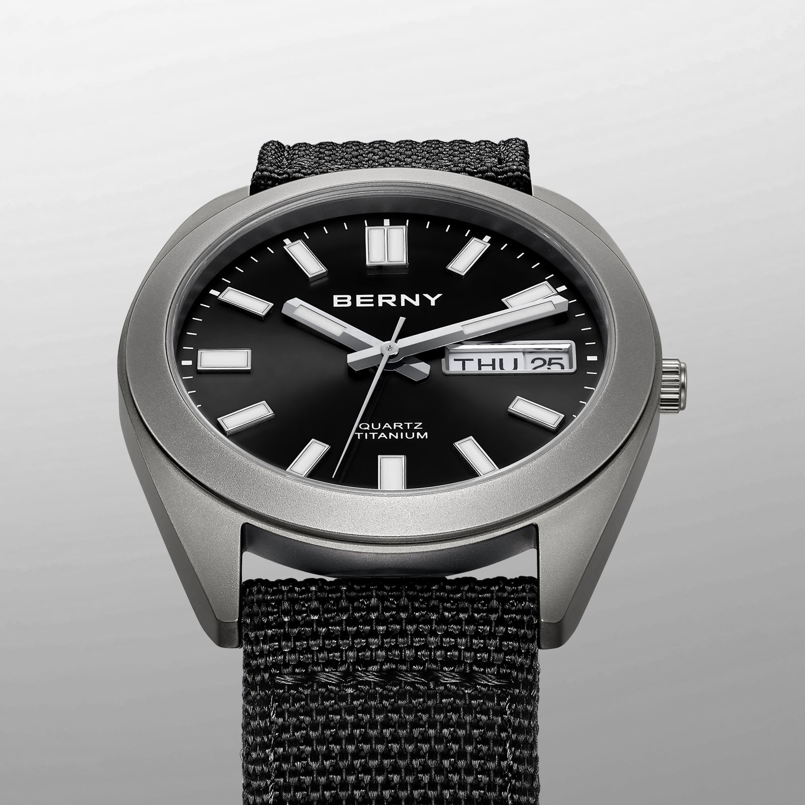 BERNY Titanium Watch for Men, Sport Men's Field Watch, Military Analog Quartz Watch with Date, Canvas Strap, Japanese Quartz Movement, Super Luminous, 10ATM Waterproof Army Wristwatch, Black