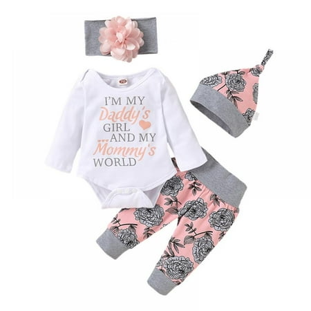 

4PCS Baby Girl Clothing Newborn Kids Baby Girls Outfits Clothes Romper Bodysuit+Flower Printed Pants+Headband+Hat Set
