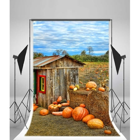 Image of HelloDecor Pumpkin Harvest Season Farm Straw Bale Cottage Scenery Photography Background 5x7ft Backdrop Pumkins Piles Rural Wood Hose Scene Background Video Shoot Photo Blue Sky Background