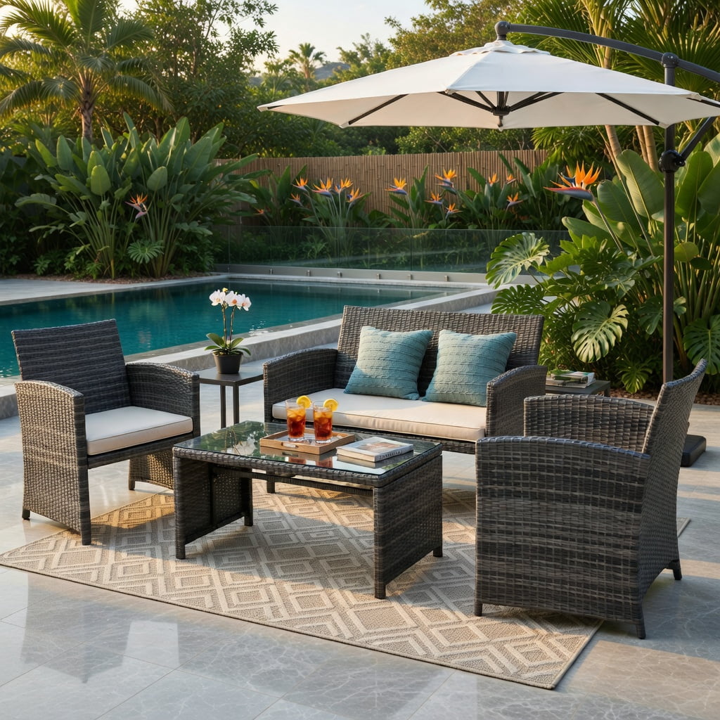 Hommoo 4-Piece Outdoor Rattan Patio Furniture Set, Loveseat + 2 Single Sofas + Tempered Glass Coffee Table for Backyard, Balcony & Garden, White
