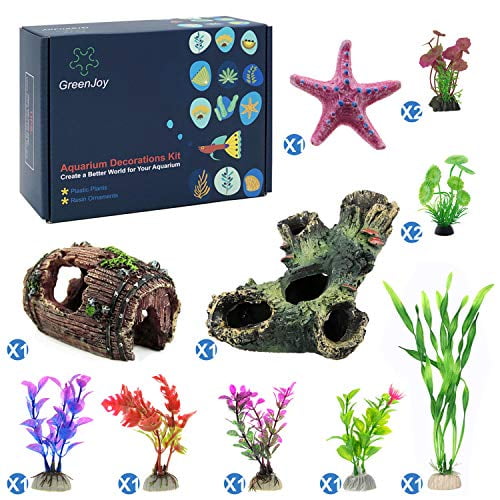 GreenJoy 12 Pack Aquarium Fish Tank Decorations Accessories Decor Set with Wood Cave, Tree Trunk Barrel Hideouts, Artificial Plastic Plants and Starfish Resin Ornament Fish Accessories Small