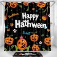 thumbnail image 1 of Festive Black Halloween Shower Curtain with Pumpkins & Flowers - "Happy Hathween" Design, 1 of 4