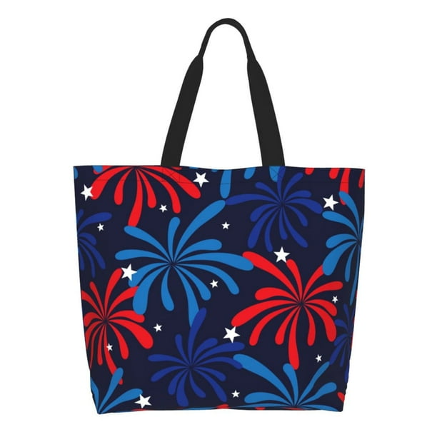 Fotbe Red White Blue Fireworks Bolsa Tote Estética de Lona con Estampado para Mujer - Bolsa Reutilizable de Hombro Casual para Vacaciones, Compras, Trabajo y Gimnasio