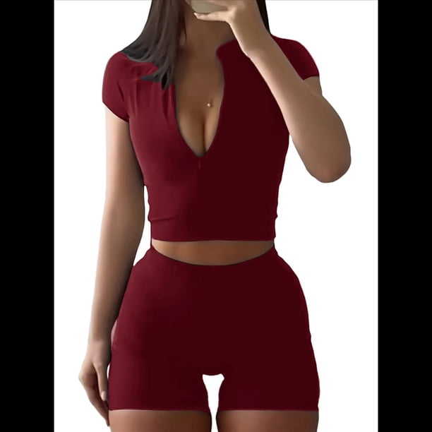 Conjunto de Yoga para Mujer, 2 Piezas, Pantalones Cortos de Cintura Alta Sin Costuras, Chándal para Mujer, Conjunto de Ejercicio. Vino Tinto M