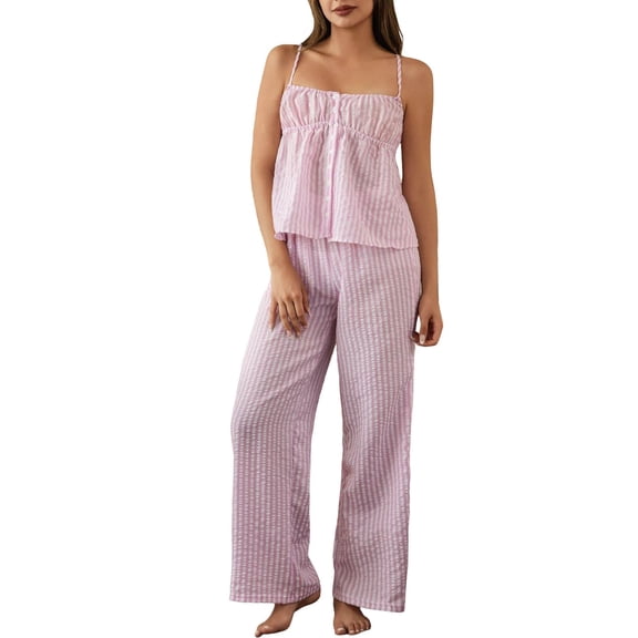 Lmueinov Pajamas for Women Set Striped Cami Strap Top and Wide Leg Pants 2 Piece Lightweight Breathable Loungewear Sleepwear