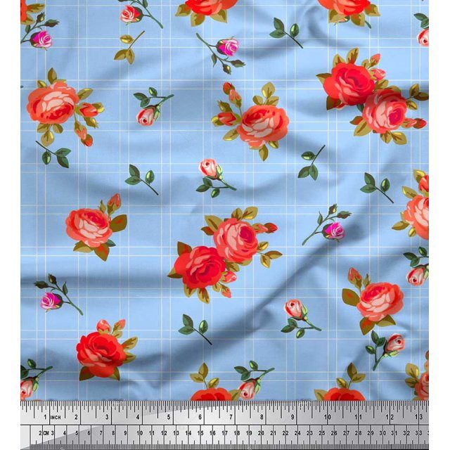 Soimoi Rayon Fabric Check,Leaves & Rose Flower Fabric Prints by Yard 42 Inch Wide