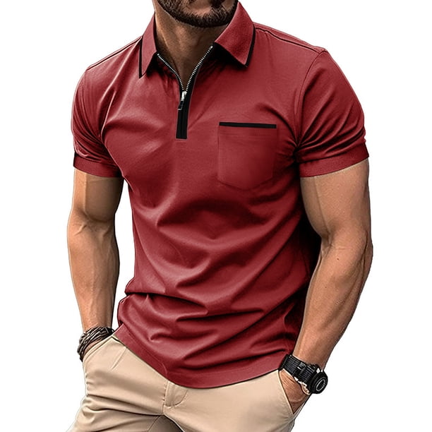 Blusa y camisa de manga corta con cuello vuelto para hombre, informal, a la moda, con cremallera, color liso y retazos, de poliéster.