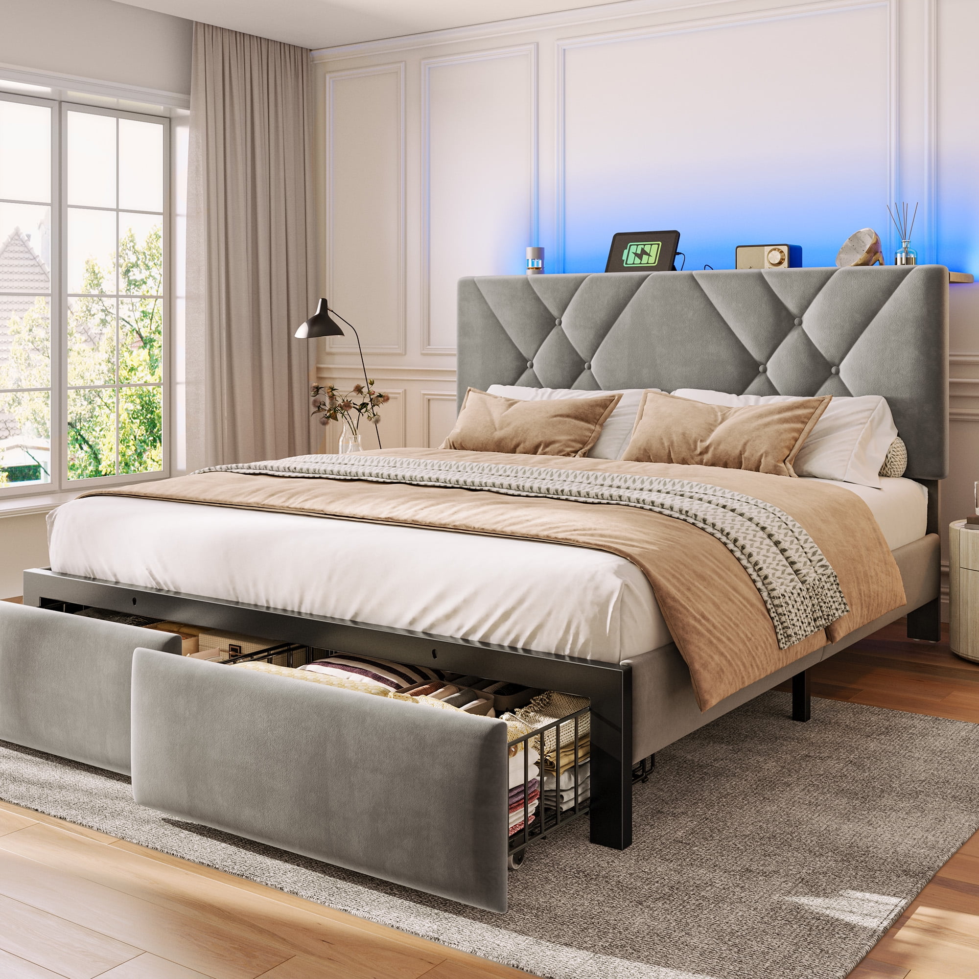 EnHomee Queen Size Bed Frame with 2 Drawers &  Storage Platform Upholstered Bed Frame Queen with Headboard Queen Bed Frame with LED Lights & Charge Station, No Box Spring Needed, No-Noise, Gray