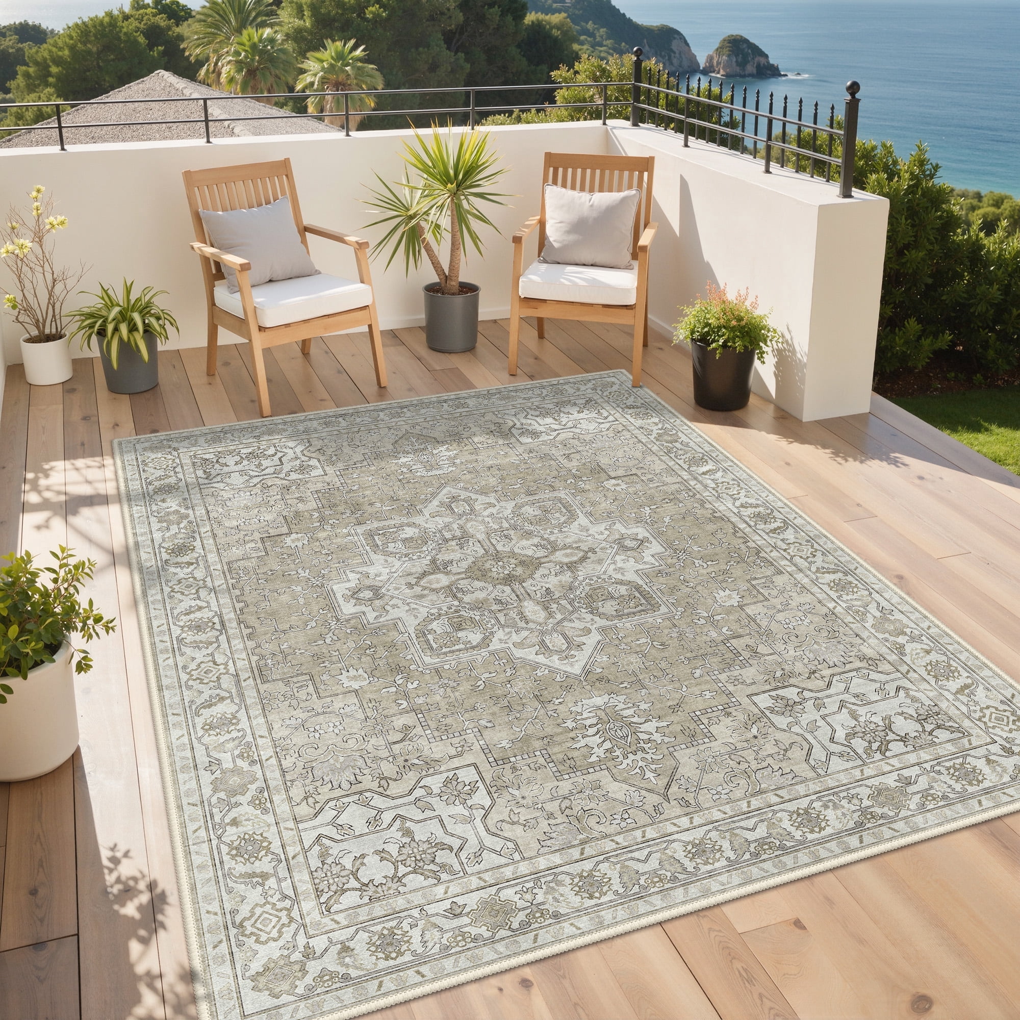 DEORAB Outdoor Rugs 5'X8' Chenille Patio Rug Three-Layer Material Imitation Silicone Spot Molding Camping Outside Rv Mat,Coffee & Beige