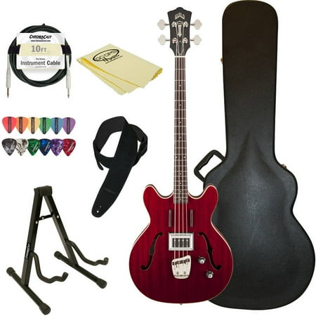 Red Classic Guitar - Guild Starfire Bass CHR Semi-Hollow Electric Bass Guitar with Hard Case and ChromaCast Accessories, Cherry Red