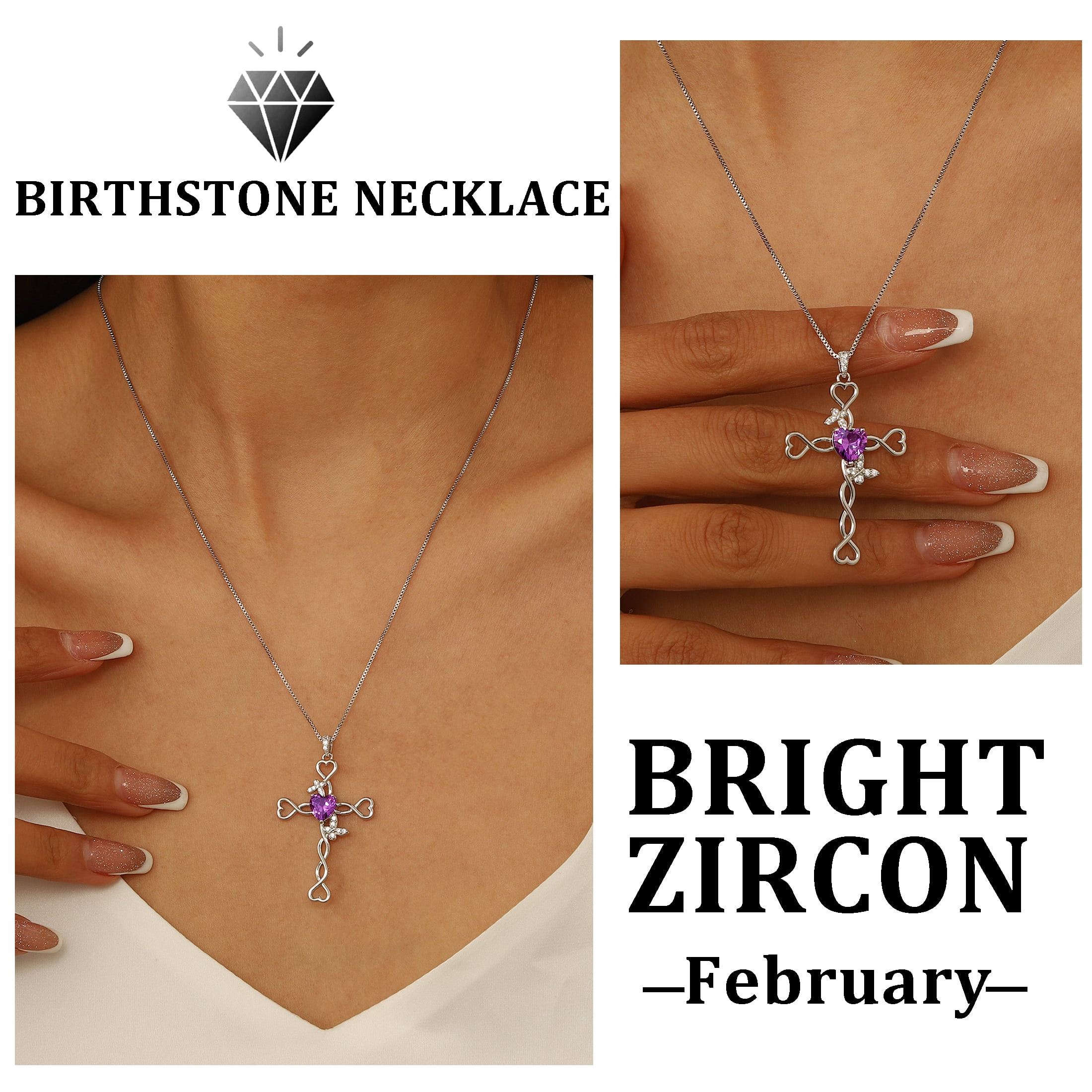 Beautlace 925 Sterling Silver Cross February Amethyst Heart Birthstone Necklace,Butterfly Pendant Necklace Jewelry Birthday Christmas Gifts for Women/ Wife /Lover