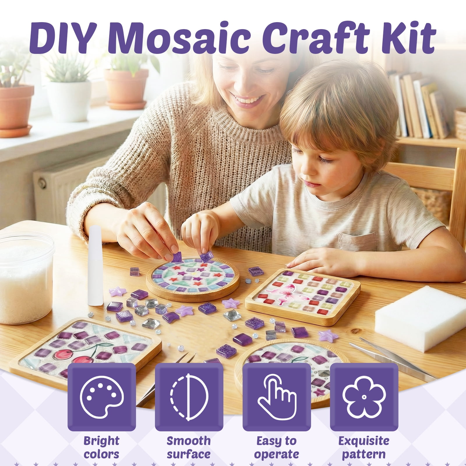 Austok 4Pcs DlY Mosaic Tile for Cup Pads Craft Mixed Color Glass Tile Kit with Bamboo Cup Pad for Adult DlY Cup Pad Kit Mosaic Supply for Handmade Home Decoration Present