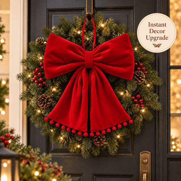 Large Christmas Bow Decoration, 30 x 34 cm Red Velvet Bow with Hanging Loop, Door Wreath Tree Staircase Fireplace Holiday Decor