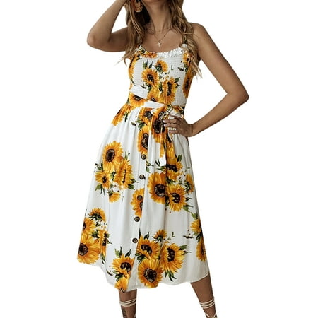 Prince Button Sash Summer Womens Ladies Floral Swing Dress Beach Holiday Bardot Button Through Midi Sundress Waistband ()
