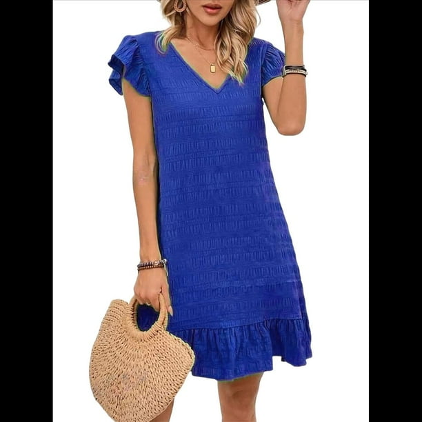 Vestidos de Verano para Mujer, Escote en V, Mangas , Bajo con Volantes, Vestido Azul Talla S