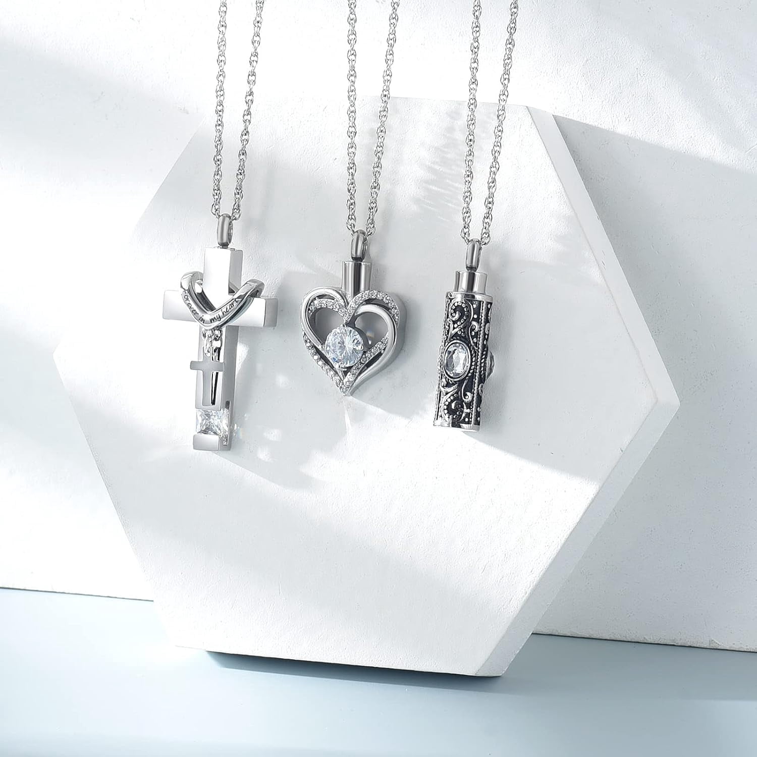 3 Pack Urn Necklace for Ashes for Women Gilrs Heart Cross Cylinder Cremation Jewelry for Ashes Memorial Keepsake Birthstone Pendant