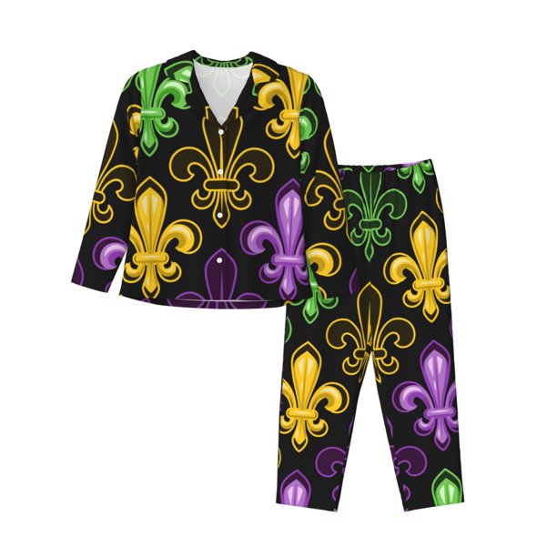 Balery Mardi Gras1 Conjunto de Pijama con Estampado para Mujer, Conjunto de Dos Piezas con Manga Larga, Ropa de Dormir Suave con Bolsillos, Pijamas Cómodos-X-Large