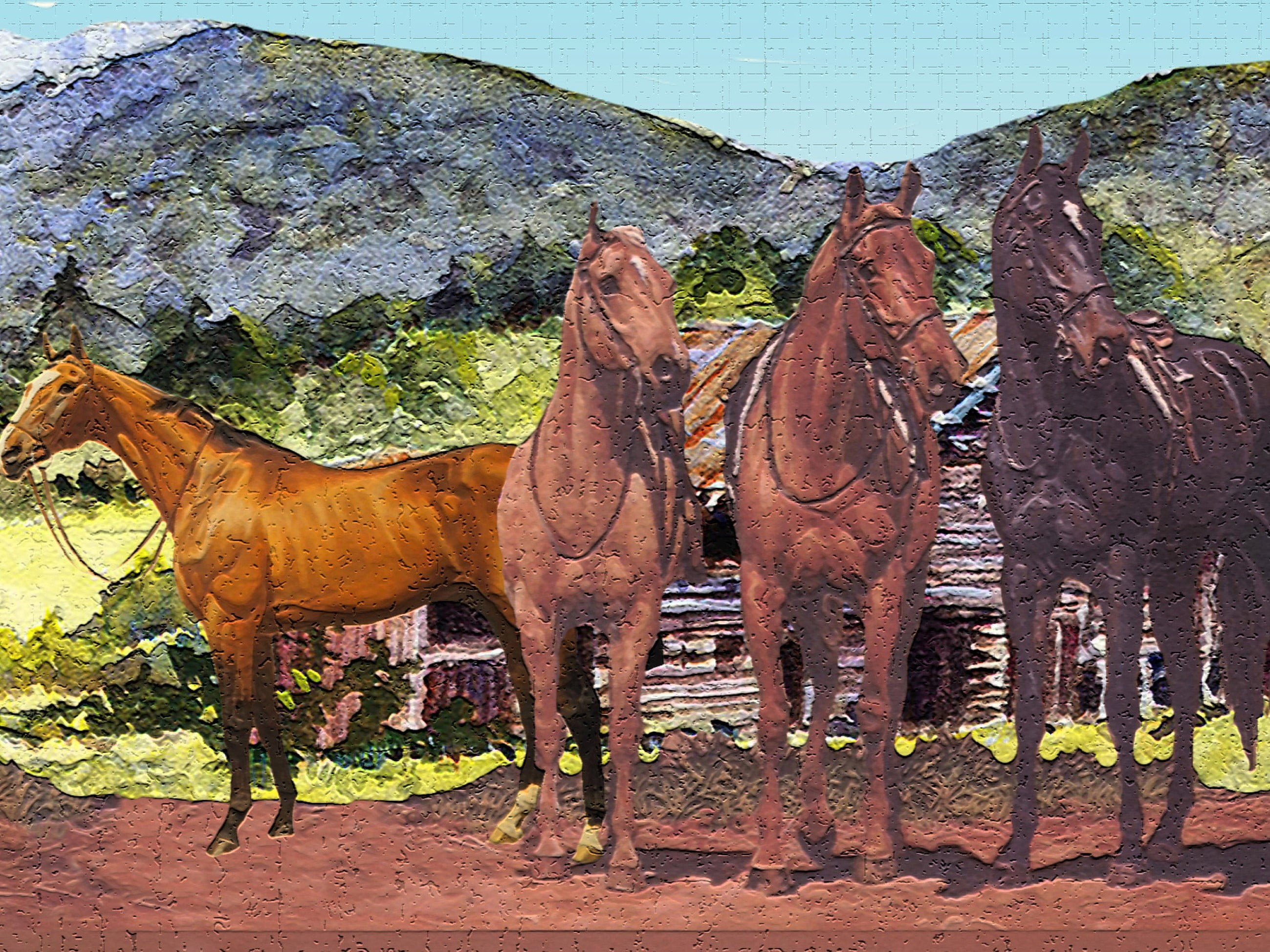 Dundee Deco's Peel and Stick Wallpaper Border - Nature Brown Green Blue Horses Wall Border Retro Design, 15 ft x 7 in, Self Adhesive