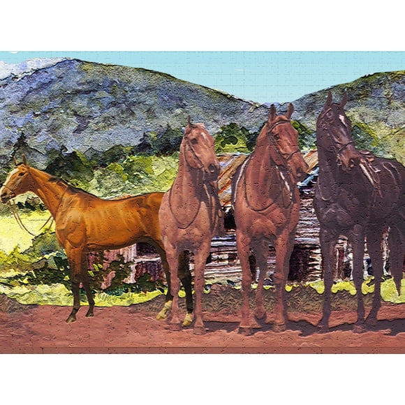 Dundee Deco's Peel and Stick Wallpaper Border - Nature Brown Green Blue Horses Wall Border Retro Design, 15 ft x 7 in (4.57m x 17.78cm), Self Adhesive