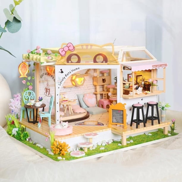 DIY Dollhouse Kits Miniature With Furniture Cute Cats Coffee Home Casa Dollhouse Assembled Toys For Girls Xmas Gifts heqiyong LED