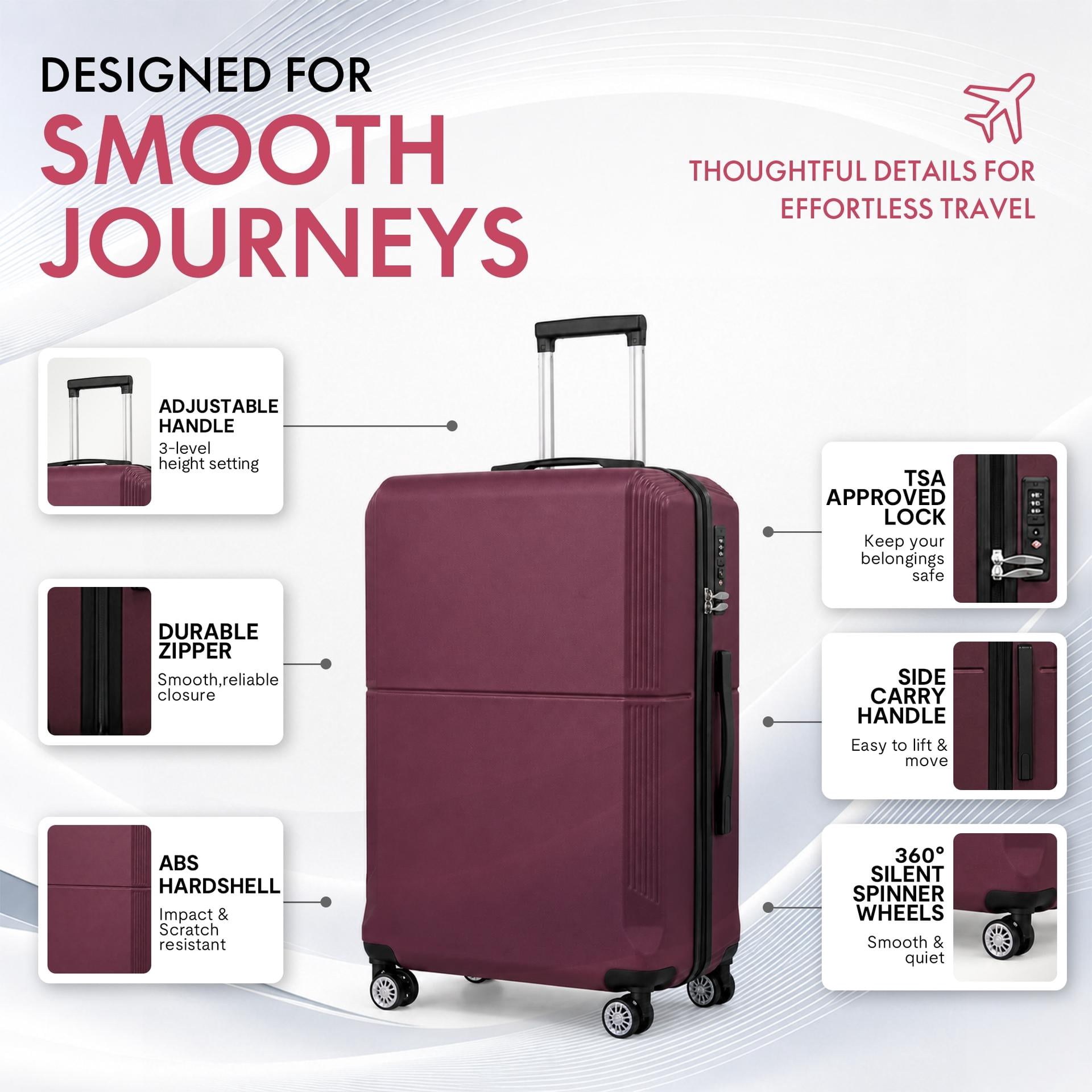 3-Piece ABS Hardshell Luggage Set, Lightweight Durable Suitcases with TSA-Approved Lock, 4 Silent Spinner Wheels & Scratch-Resistant Ribbed Shell, 20"/24"/28", Purple