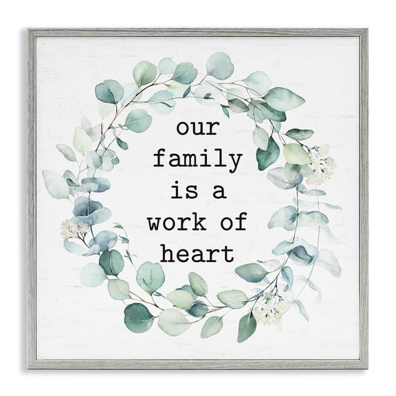 Stupell Industries Shabby Chic Work Of Heart Family Phrase Botanical Blooms Wreath Gray Framed Giclee Art, 17 x 17, by Lettered and Lined