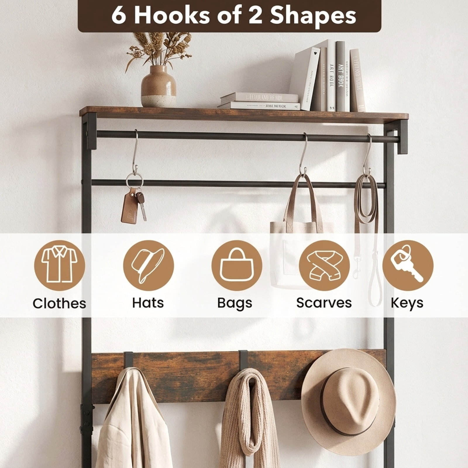 Furnibear 4 in 1 Hall Tree Coat Rack with Shoe Bench and Removable Hooks and Hanging Rod for Entryway and Bedroom, Rustic Brown