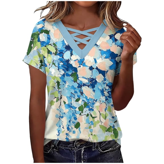 YUGYXL Shirts for Women Short Sleeve Tops Gradient Criss Cross V Neck Summer Casual Travel Work Shirt Going Out A Blue Top S