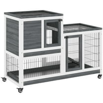 Noaman PawHut Wooden Rabbit Hutch Elevated Bunny Cage Indoor Small Animal Habitat with Enclosed Run, Wheels, Ramp, Removable Tray Ideal for Guinea Pigs, Grey, 43.5in L x 8.7in W x 24.8in H