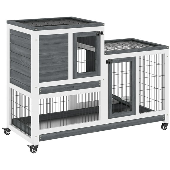 Noaman PawHut Wooden Rabbit Hutch Elevated Bunny Cage Indoor Small Animal Habitat with Enclosed Run, Wheels, Ramp, Removable Tray Ideal for Guinea Pigs, Grey, 43.5in L x 8.7in W x 24.8in H