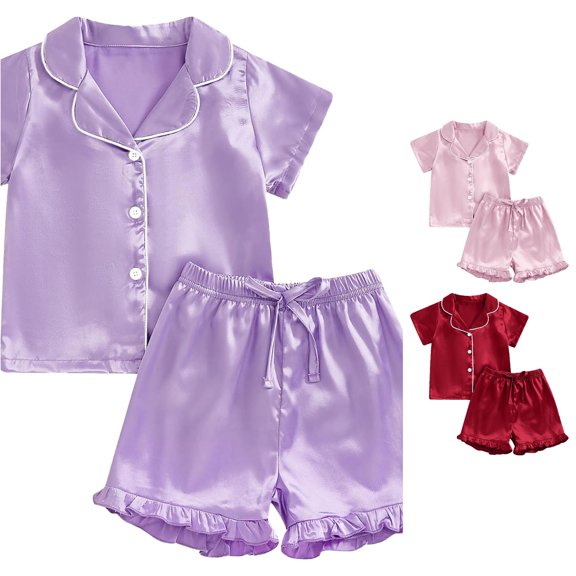 Gunia 2 Piece Pajamas For Teen Girls Fashion Solid Lapel Button Down Short Sleeve Blouse Shorts Two Piece Suit Pjs Sleepwear Purple 12-13 Years