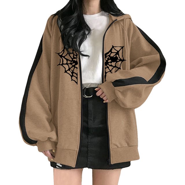 Chaqueta Gibobby estilo clásico Sudadera con capucha para mujer Estampado con cremallera Suelta Streetwear caqui XL