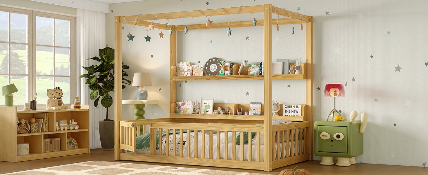 Mintazer Twin Floor Canopy Bed with 4 Shelves & Guardrails, Wood Montessori Floor Bed Frame for Kids, Boys, Girls, No Spring Box Needed, Natural