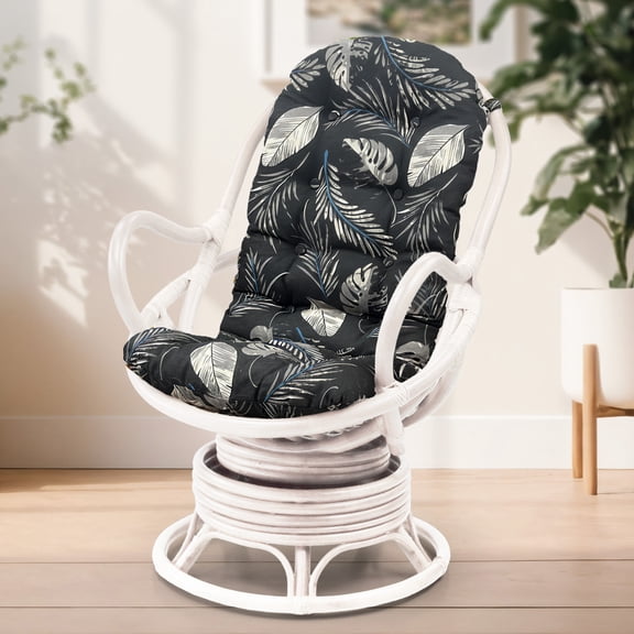 Lounge Swivel Rocking Java Chair Natural Rattan Wicker with Black Leaf Cushion, White Color