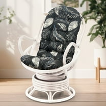 Lounge Swivel Rocking Java Chair Natural Rattan Wicker with Black Leaf Cushion, White Color