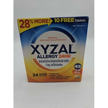 Xyzal 24 Hour Antihistamine Medicine Tablets for Adult Allergy Relief, Levocetirizine, 5 mg, (35 + 10 Bonus Pack) 45 Tablets