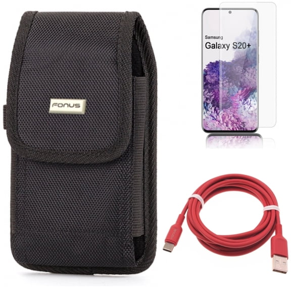 6ft USB-C Cable w Screen Protector w Case Belt Clip for Samsung Galaxy S20 Plus - Red Charger Cord Power, Tempered Glass [Fingerprint Unlock] 3D Curved Edge, Swivel Holster fits Galaxy S20 Plus