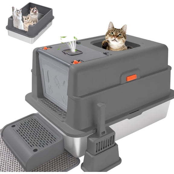 XXXL Stainless  Litter Box with Lid,XXXL Enclosed   Litter Box for Big Cats,Multiple Cats,with Litter Scoop & Foot Pedal,Odor Control,Easy Cleaning