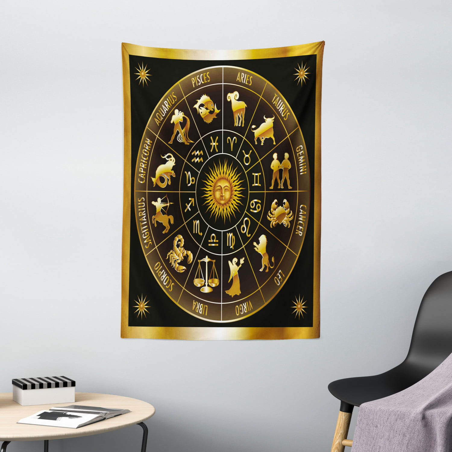 Astrology Tapestry, Wheel Zodiac Astrology Signs in Circle with Sun ...