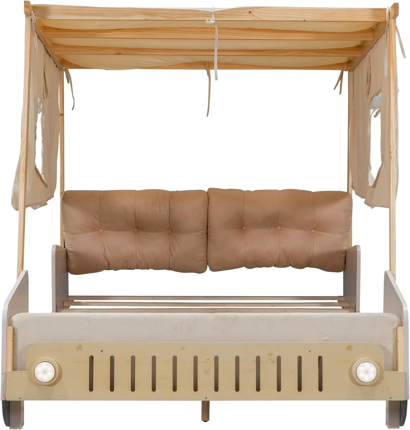 Historyli Retro Car-Shape Bed Frame,Platform Bed with LED Lights Ceiling Cloth Upholstered Headboard No Spring Box Needed,Natural color S