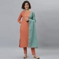 thumbnail image 3 of Janasya Indian Round Neck 3/4 Sleeve Solid Coral Rayon Kurta With Pant and Dupatta For Women, 3 of 9