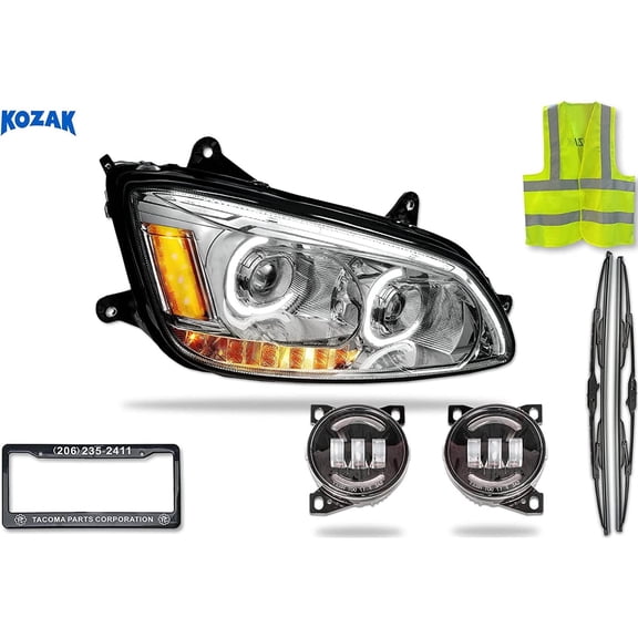 Kozak Chrome LED Headlight Assembly   Black LED Fogs Set Compatible with T660 2008-2018