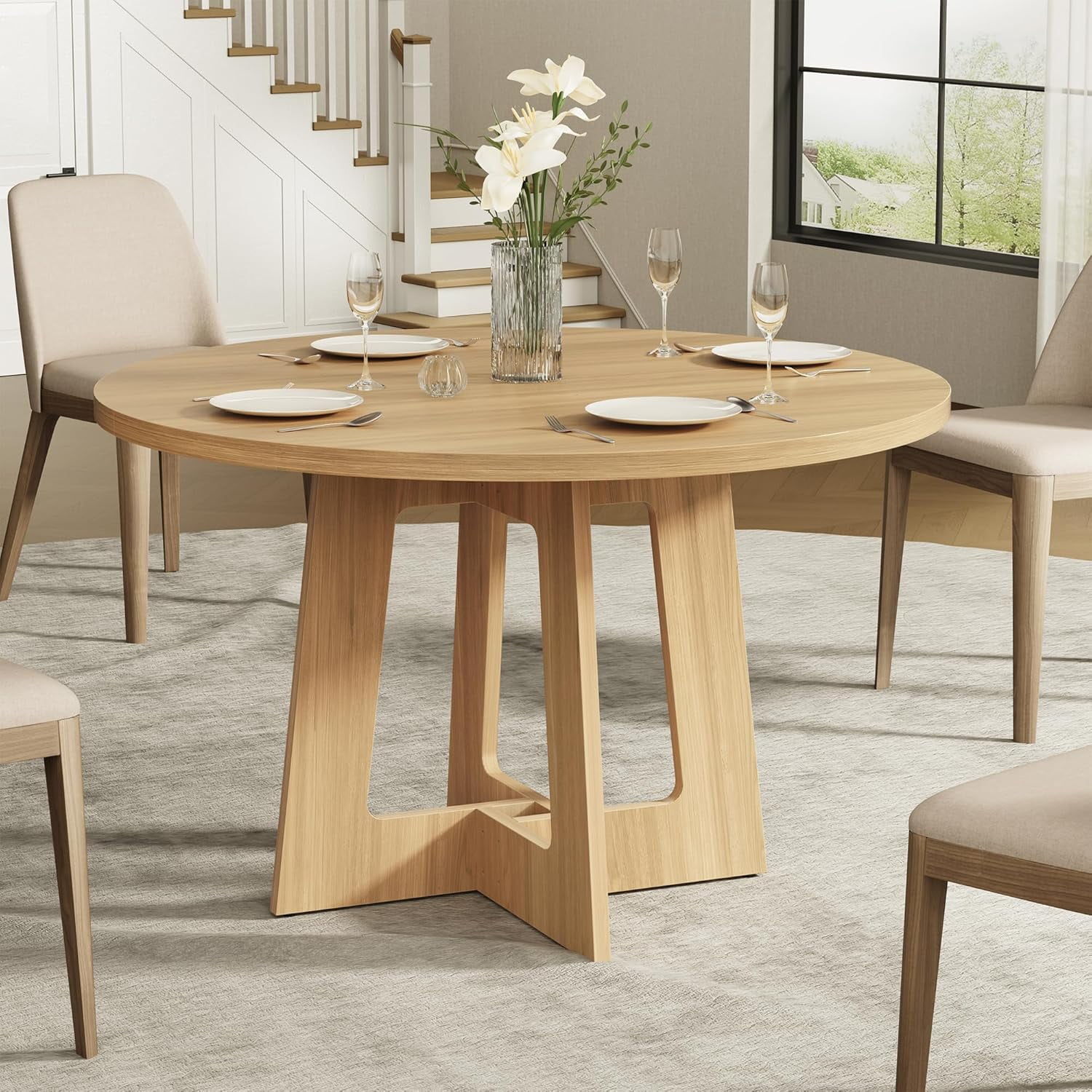 Round Dining Table for 4, 43" Farmhouse Kitchen Table, Wooden Circle Table, 300lb Capacity & Easy Assembly for Home Dining Room Kitchen Living Room (Natural Oak)