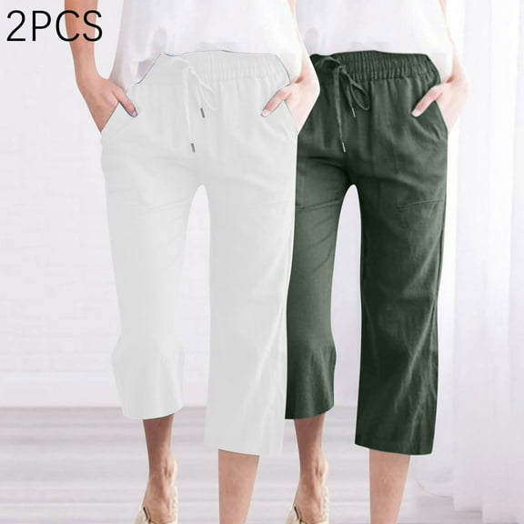 WIZUTIZ Wide Leg Trousers Women Plus Size Capris Breathable Stylish Relaxed Fit Wide Leg Palazzo Pants Elastic Stretch Mid Rise Sweatpants Solid 2-Pack Drawstring with Pockets Summer Pants Green