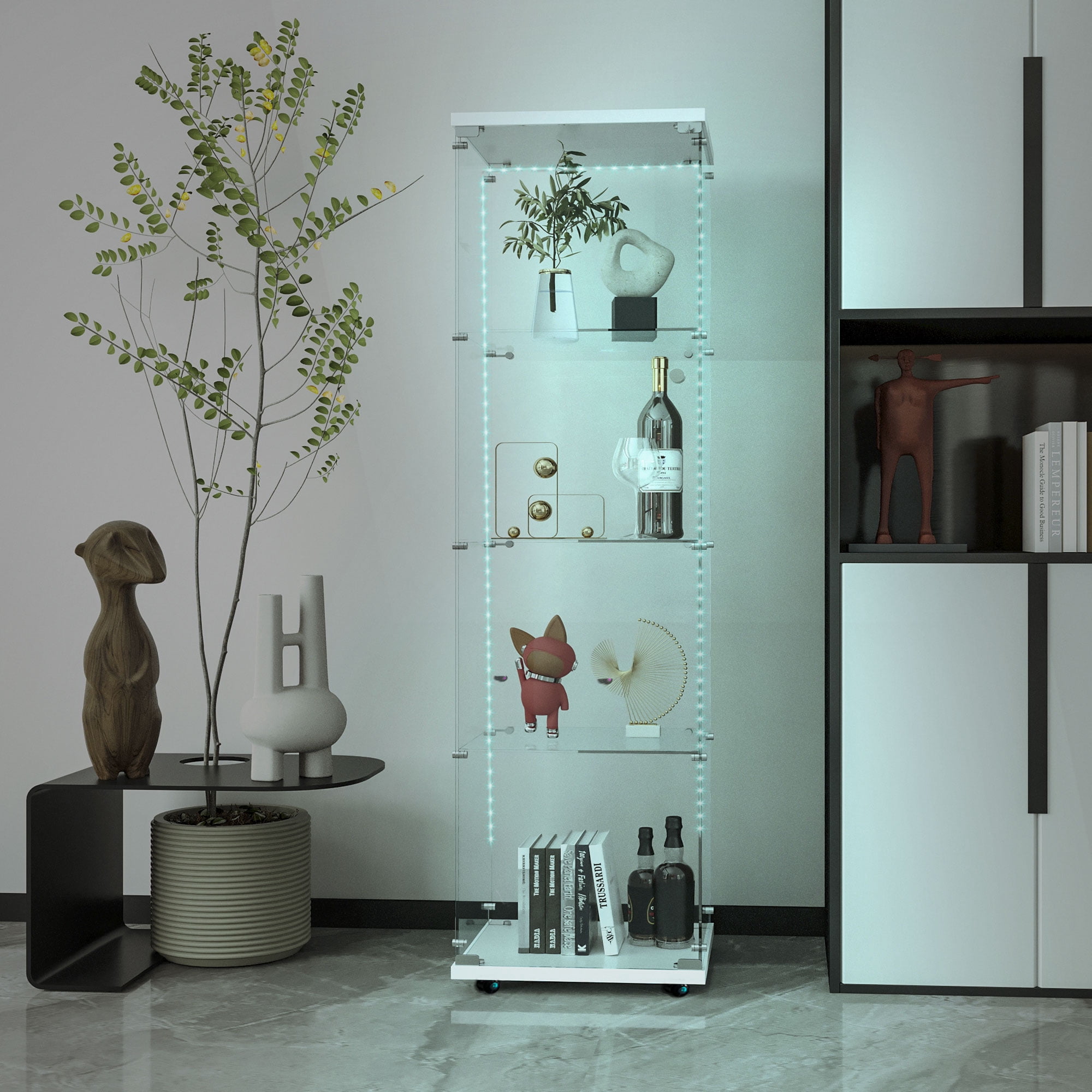MAYEERTY 4 Tiers Glass Display Cabinet with Bluetooth LED Light Strip, File Storage Cabinet with Door Lock, White