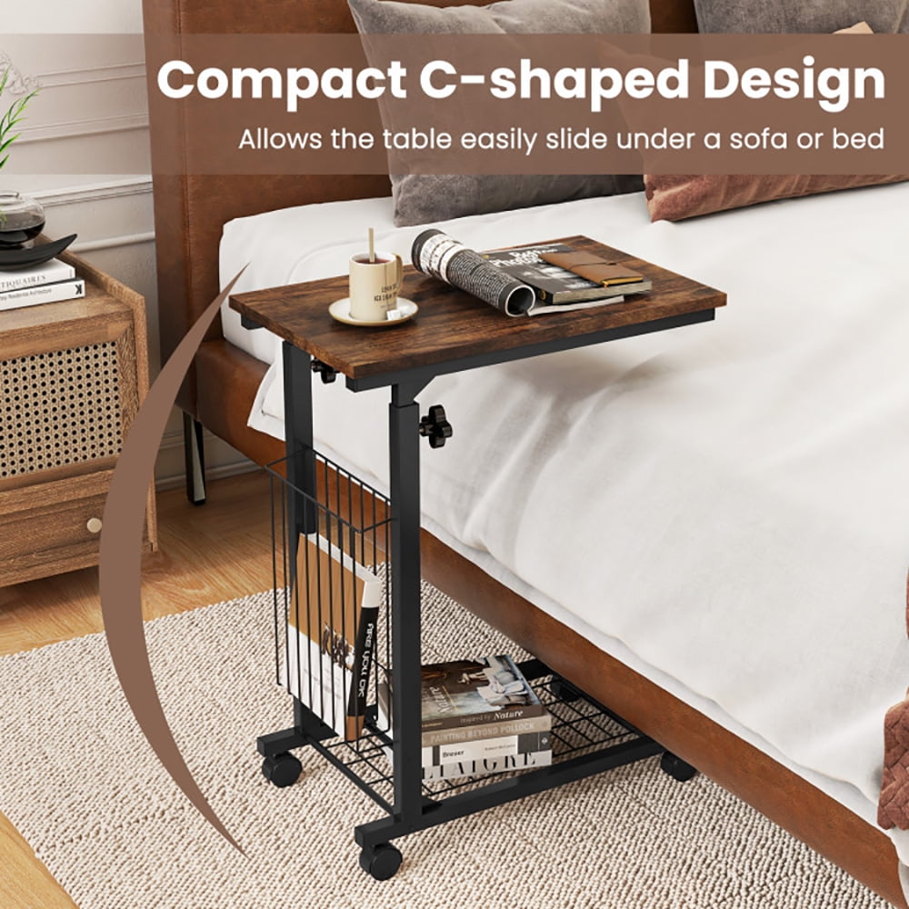 Finihen End Side Table, C-shape Sofa Side Table with Storage Basket, Sofa Side Table, Bed Side Table, for Living Room, Bedroom, Rustic Brown