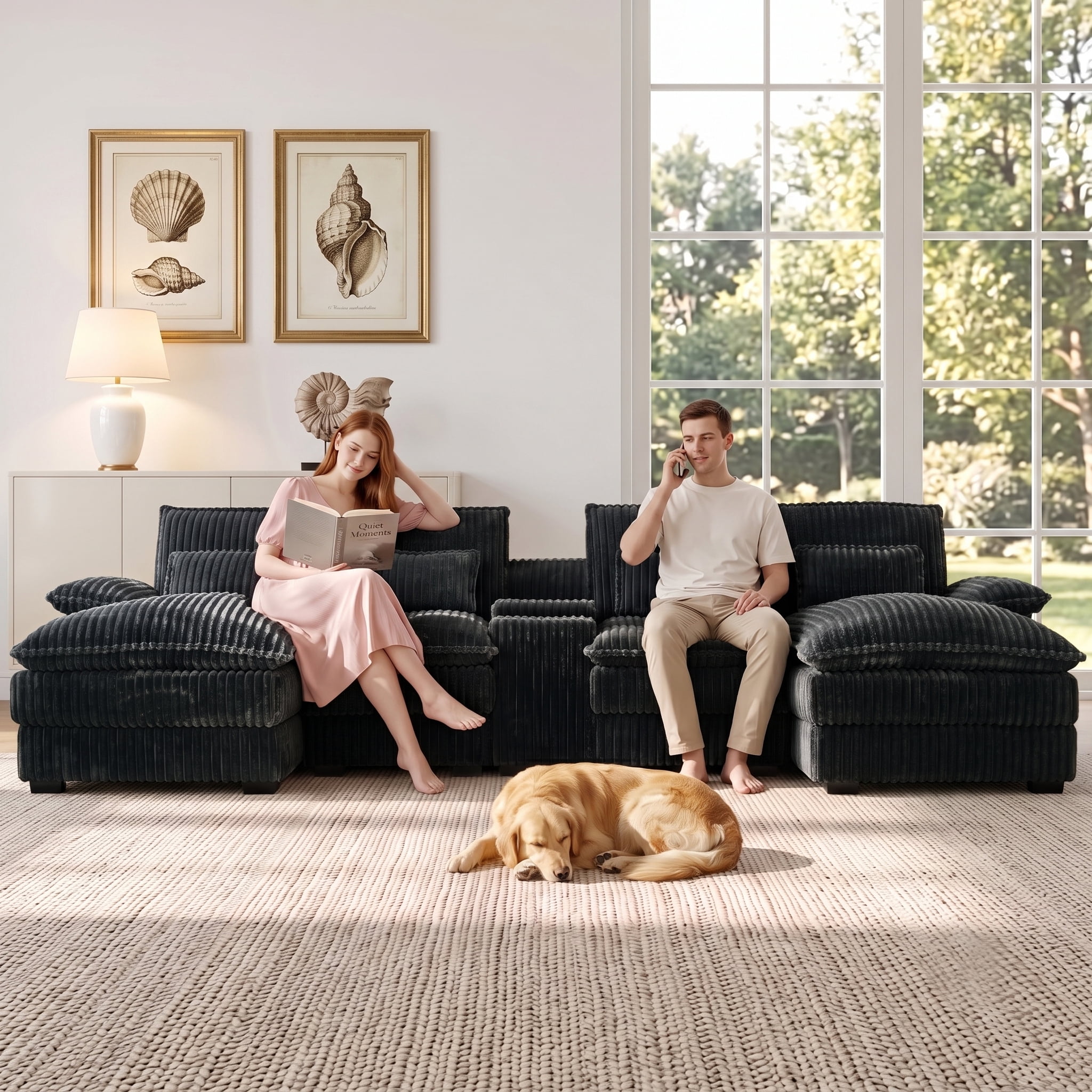 Avobird Oversided 124" U Shaped Cloud Couch Sectional, DeepSeat Sofa Bed with USB Charging, Hidden Storage, Cup Holders & Chenille Double Chaise, Gray