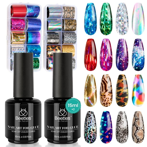 Kit para decoración de uñas Beetles Nail Foil Transfer, 20 unidades+30 ml de pegamento